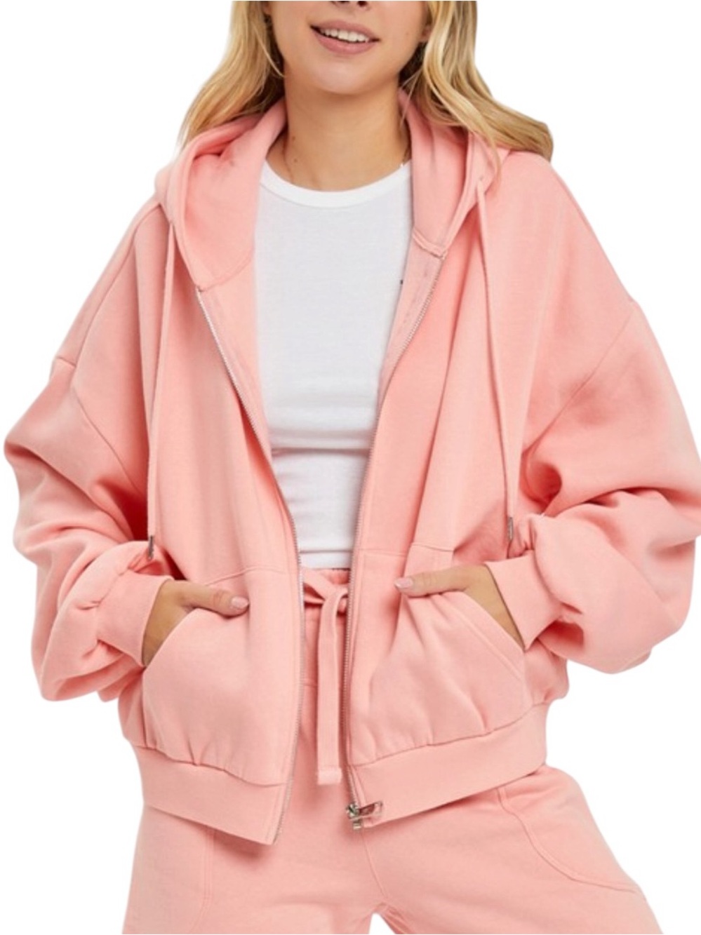 329. RISEN Women’s Blush Pink Oversized Balloon Sleeve Hoodie Jacket NEW